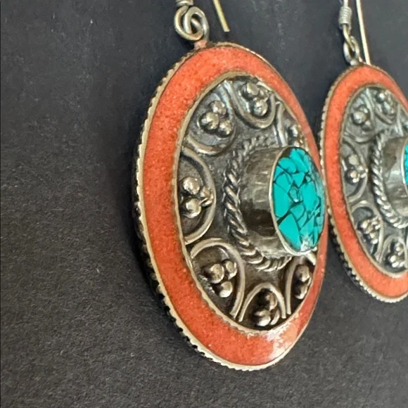 Nepalese Coral and Turquoise Boho Earrings - Picture 4 of 13